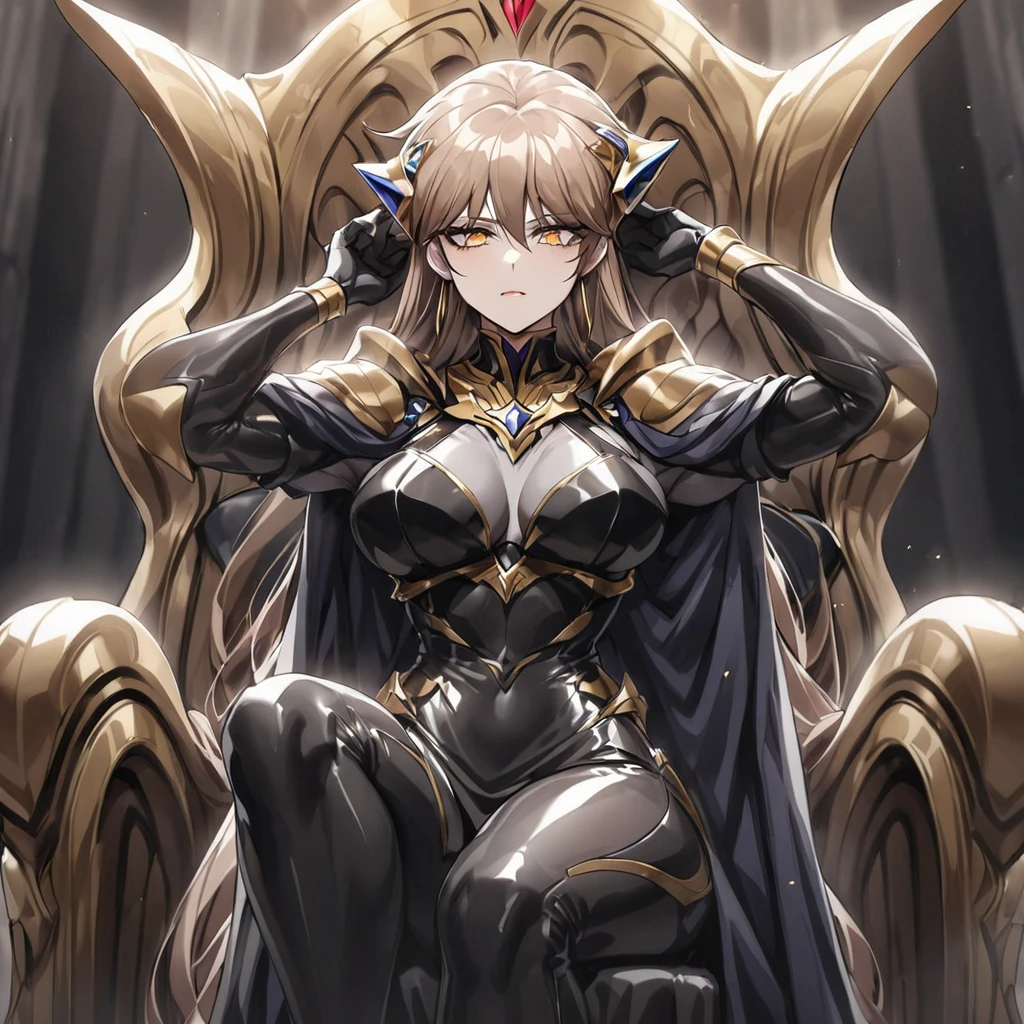 ((Highest quality)), ((masterpiece)), (detailed), （Perfect Face）、The woman is Princess Leona, with medium-long light brown hair, wearing a shiny, flashy, sexy, revealing black dress bodysuit, an open-front skirt, a cape, a headgear, lipstick and makeup, and is an evil female executive who is standing next to a man who is the dignified boss of an evil organization.、Women are brainwashed, expressionless, and have no highlights in their eyes.、The woman is being held close by the powerful boss of an evil organization.、A strong male boss of an evil organization sits on a throne, embracing a woman and loving her.