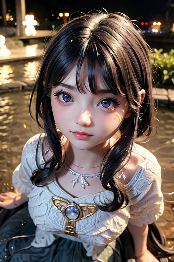 a chibi girl doll, detailed girl, beautiful detailed eyes, beautiful detailed lips, extremely detailed face, long eyelashes, intricate details, porcelain skin, cute expression, sitting on the riverside, riverside night view, fireflies, bioluminescent plants, ambient glowing lights, cinematic lighting, vibrant colors, warm color palette, photorealistic, 8k, hyper detailed, masterpiece, concept art