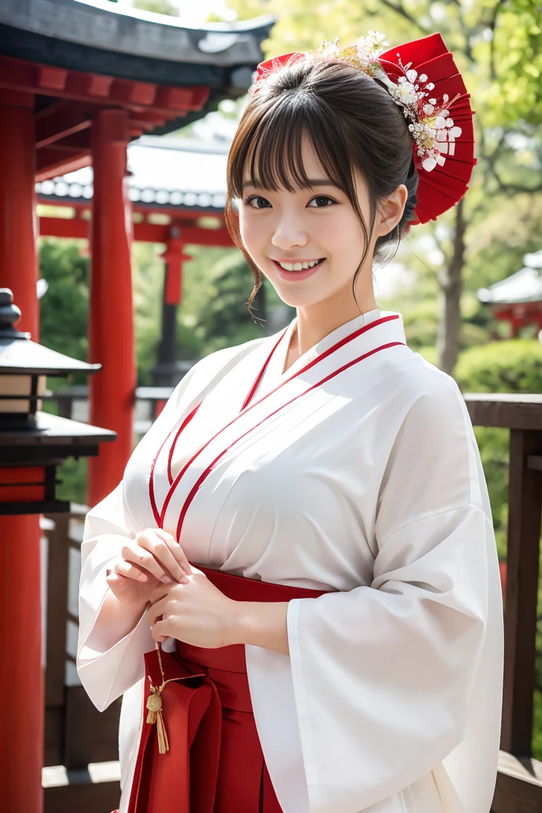 (Highest quality、In 8K、Masseter muscle area、Delicate illustrations)、Beautiful Japanese Shrine Maiden(A kind smile)、(Plump body 1.1)、((White kimono and red hakama)1.1)、Japanese shrines are crowded with people during the New Year.々Bustling with、Full body shot to the toes、