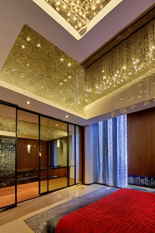 真实感, big room bonito, arabic, big room, windows overlooking the city, gold color chandelier, floor, bed-in, detailed photo, varnish floor, blanket, luxurious environment, chic, 8k vivid blue and red colors,