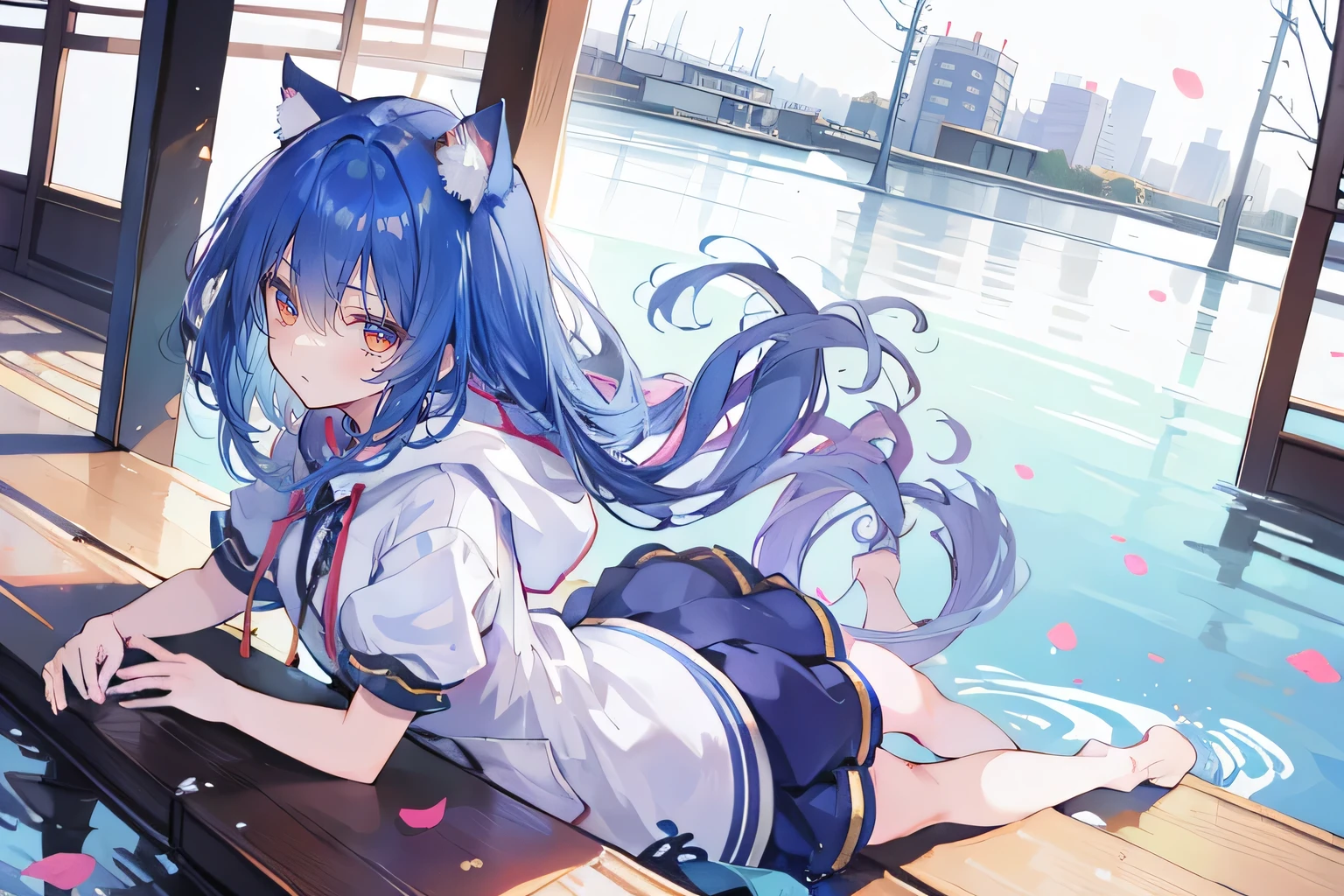 （masterpiece：1.2），Super detailed，lifelike，Expressive eyes，fair skin，perfect face shape，1 girl，
Japanese comics,Gorgeous blue hair,flowing blue hair,flowing clothes,Cat ears,Petals fall,beautiful lola,Baby Angel,
Shaking head with one hand，Cross your legs，Gentle and peaceful background，The pavilion is cool and comfortable,smile, wearing hoodie, background of tokyo,back views,snowing, winter,lie on the water.