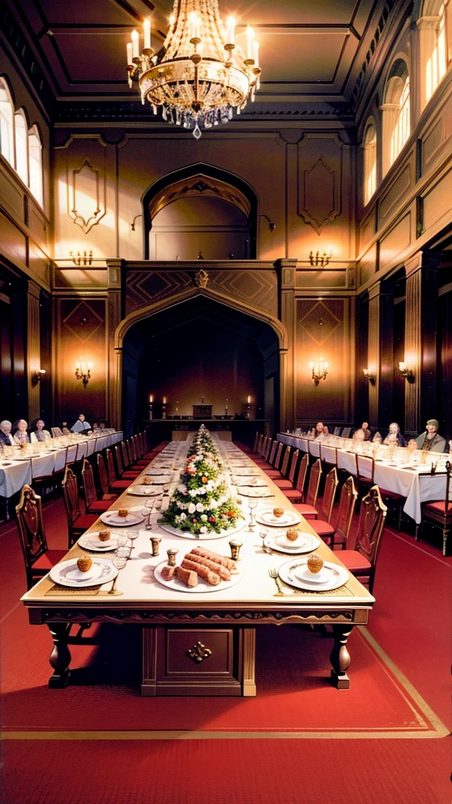 A historical illustration depicting a medieval European banquet scene. People are sitting around a long table, eating with their fingers. One person is notably holding a piece of meat with raised pinky finger to keep their hand clean and elegant. The setting includes medieval clothing, candles, and a grand hall atmosphere. 