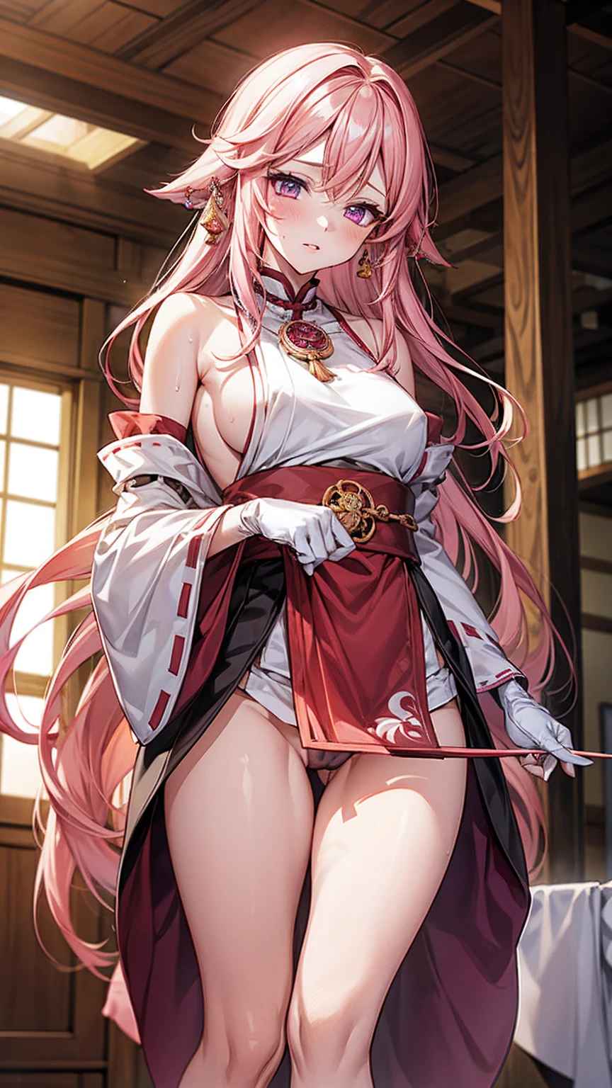 One Girl, (Urzan-6500:0.7), K-POPアイドル, yae miko, , Exposed bare shoulders, Pink Hair, Long white hair, Japanese Clothing, The best quality in the best condition, (da pintura:1.5), (hair ornaments:1.35), gem, Purple eyes, 耳Nipple Ring, , Written boundary depth, Detailed face, Face Focus, ribbon_trim, (View your audience:1.25), Non-traditional Shrine Maiden, Shiny skin, Long sleeve, Thick lips, Game CG, (Blur the background:1.2), , , whole body、Put your head on the urinal,Yogurt all over、whole bodyが濡れている、One Girll, , Obscene, Pee, Urine,garbage,masterpiece, Highest quality, Very detailed,Knee-high socks、Long white elbow gloves、Long socks、Open your thighs wide to the left and right、crouch on the ground、Show the audience your crotch、Camel Toe:1.4、(Sweat)、(vapor)With legs apart、sexy、Bold、Sexy、Inviting、dynamic、With legs apart、Camel Toe