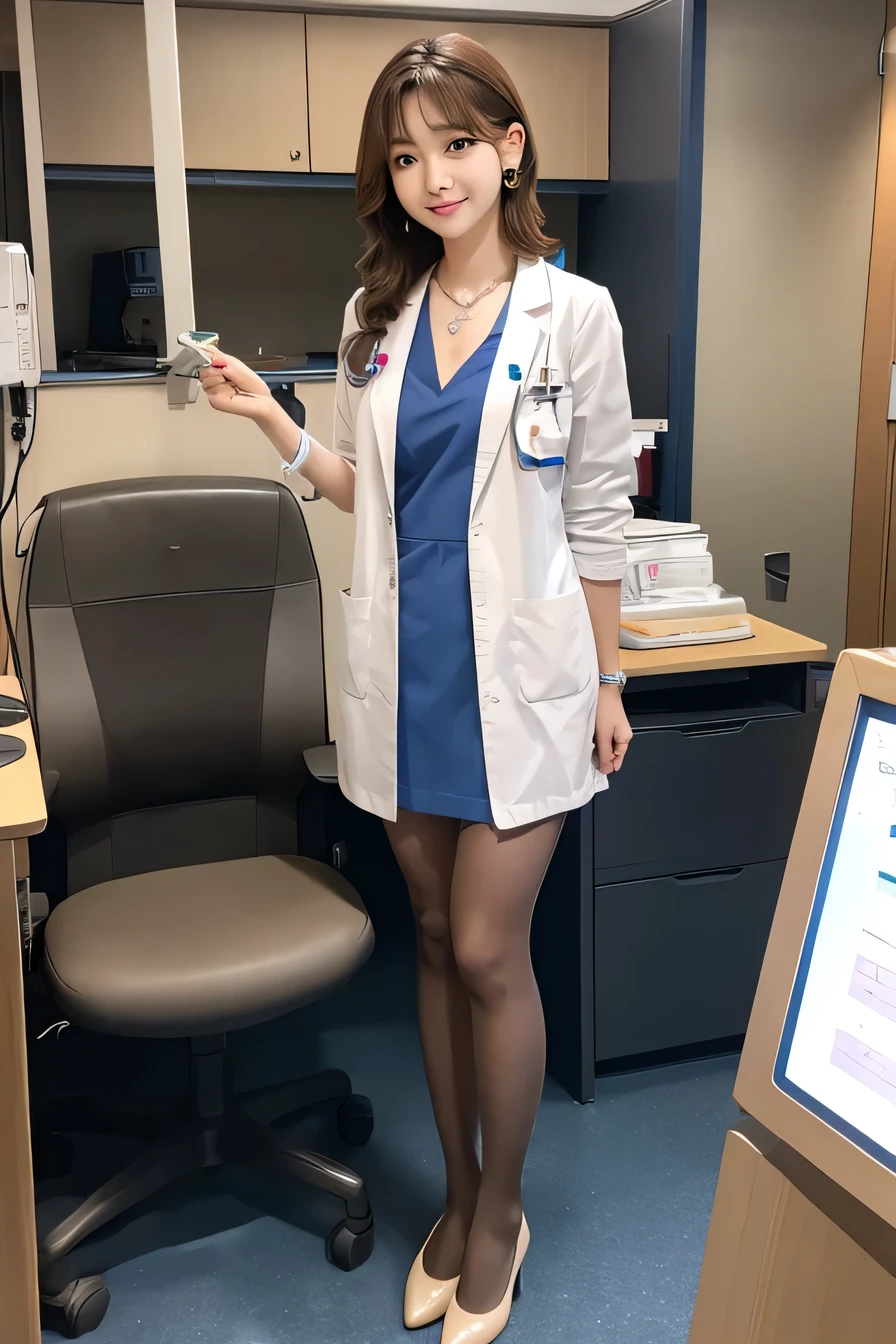 young woman、 Japanese women、Light brown hair、Necklace around the neck、Doctor's attire、Knee-length skirt、tights、pumps、(Full body photo)Stethoscope、、short hair、Wavy Hair、sit in a chair in the operating room、Intricate details, Very detailed:1.2), 、(Full body photo) Looking into the camera,The background is the operating room...、ear piercing