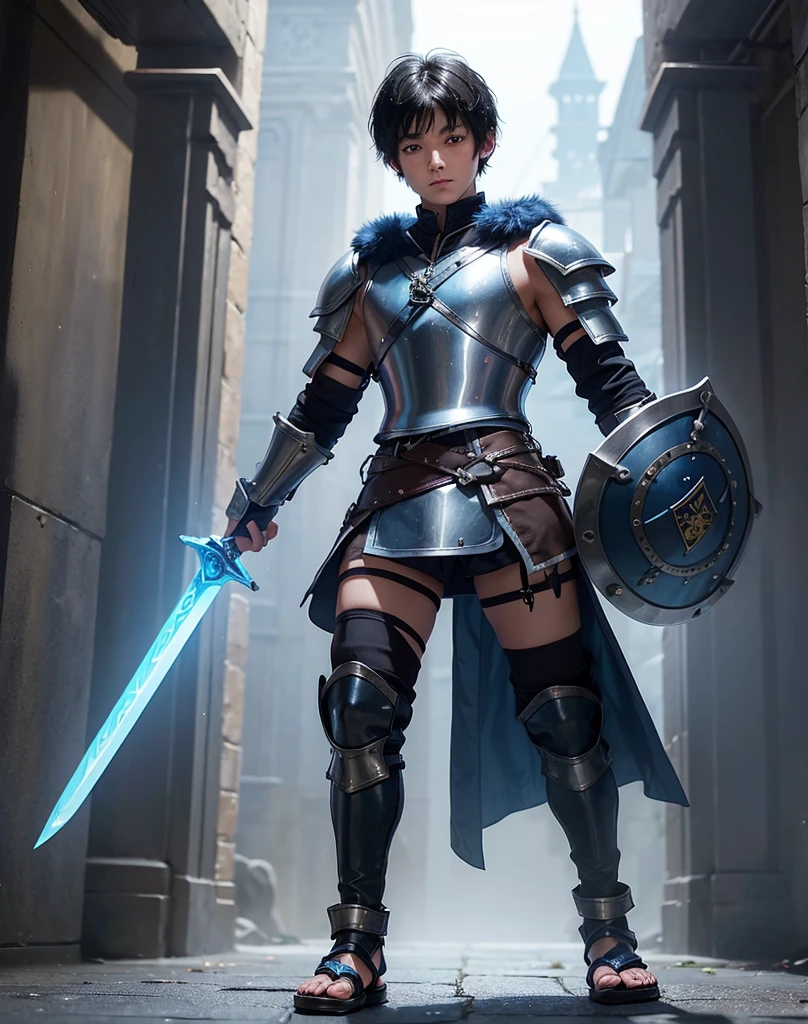 Young 13-year-old boy with black hair and brown eyes, innocent and happy, dressed in short neon-blue medieval barbarian clothes, fur shorts, light-blue battle armor, weilding silver sword and shield, sandals; fullbody; short hair, boyish athletic, sexy,