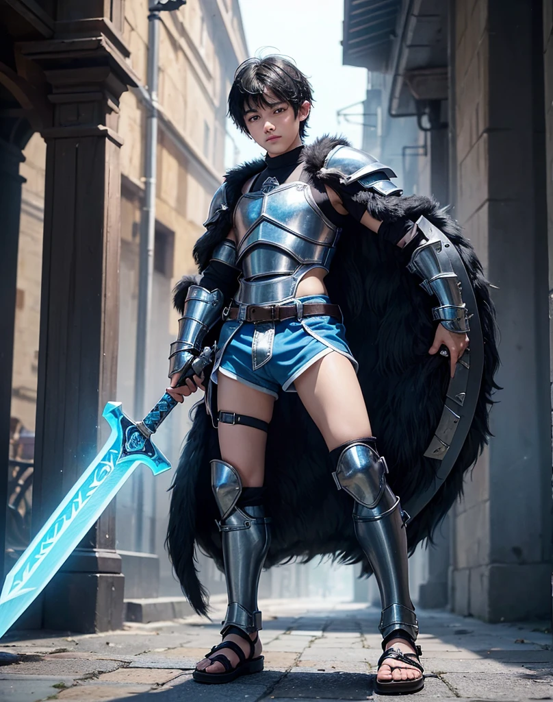 Young 13-year-old boy with black hair and brown eyes, innocent and happy, dressed in short neon-blue medieval barbarian clothes, fur shorts, light-blue battle armor, weilding silver sword and shield, sandals; fullbody; short hair, boyish athletic, sexy,