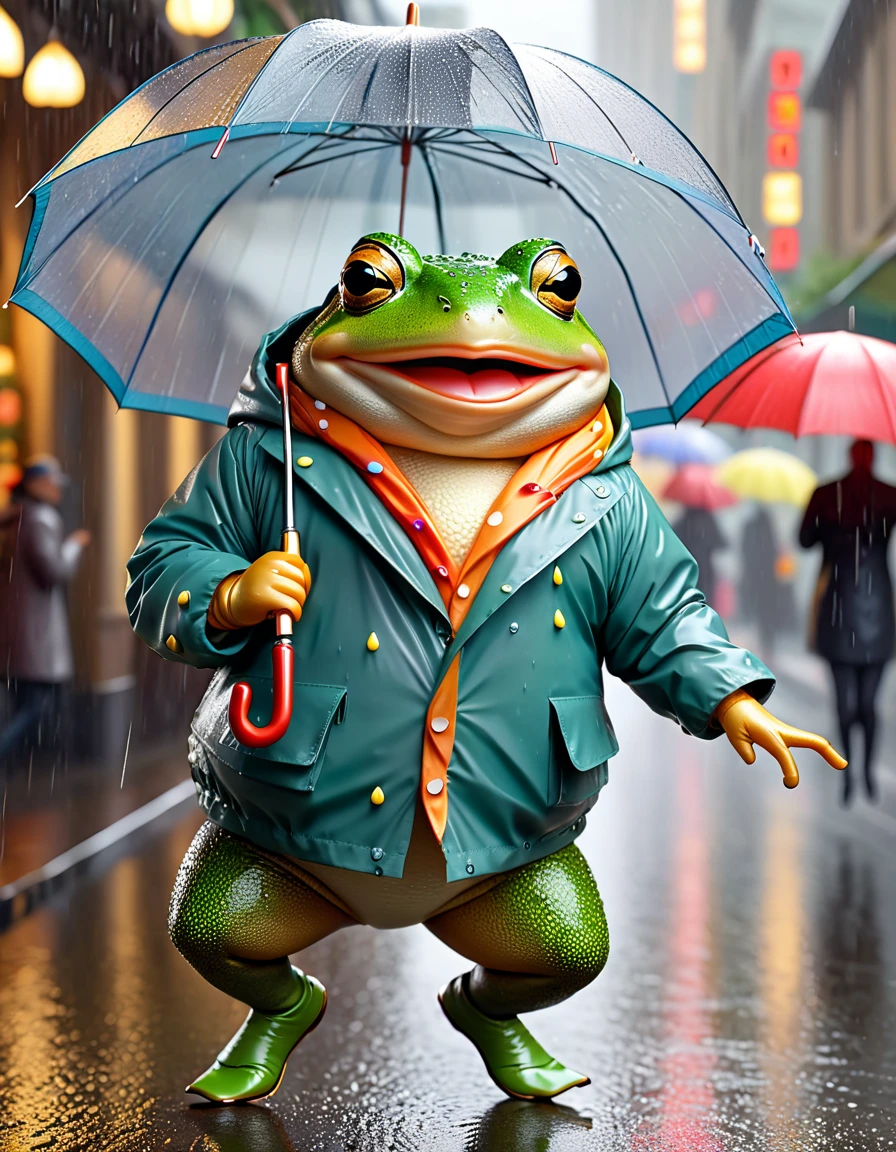 photorealistic portrait of Dressed animals - a ((fat)) ((toad)) dancer,(holding umbrella:2.0), (dynamic dancing:2.0), (jumping :2.0),(happy smile:1.5),high quality,(happy),(lovely) ,intricate details, (heavy rain makes her wet), highly detailed (( hoody rain coat)) ,highly detailed umbrella, Wearing rain coat, , (happy), soft lighting,(full body image:1.5),rainy street background,(viewed from side:2.0),