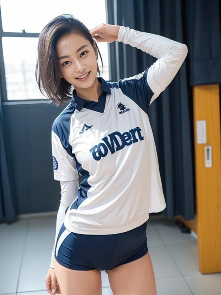 Glossy thighs、(8K、top-quality、​masterpiece:1.2)、(realisitic、Photorealsitic:1.37)、ultra-detailliert、top-quality、超A high resolution、professionally lit、Photon mapping、Radio City、physically-based renderingt、Cinematic lighting、depth of fields,Focusing,Sun'rays,Good composition,,(((1 girl of 12 years))),Double eyes、(((white Volleyball uniform 、Dark blue high-leg low-rise bloomers)))、Gymnasium、A big smile、Gymnasium Court,  (Tween model, 12 year old girl, young)), Ethereal beautiful, slim, very beautiful short hair,Colossal tits、 Toned abs, short cut hair、Soft light, ((David Hamilton Style)),