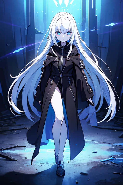 It stands at about 3 feet tall with a slender, humanoid form cloaked in a tattered, shadowy garment. Its pale, almost translucent skin is adorned with zippers that run across its body in various directions. These zippers can open and close, revealing dark, empty voids within. Zippalette's eyes glow with an eerie blue light, giving it a haunting appearance. beautiful eyes , female , full body picture