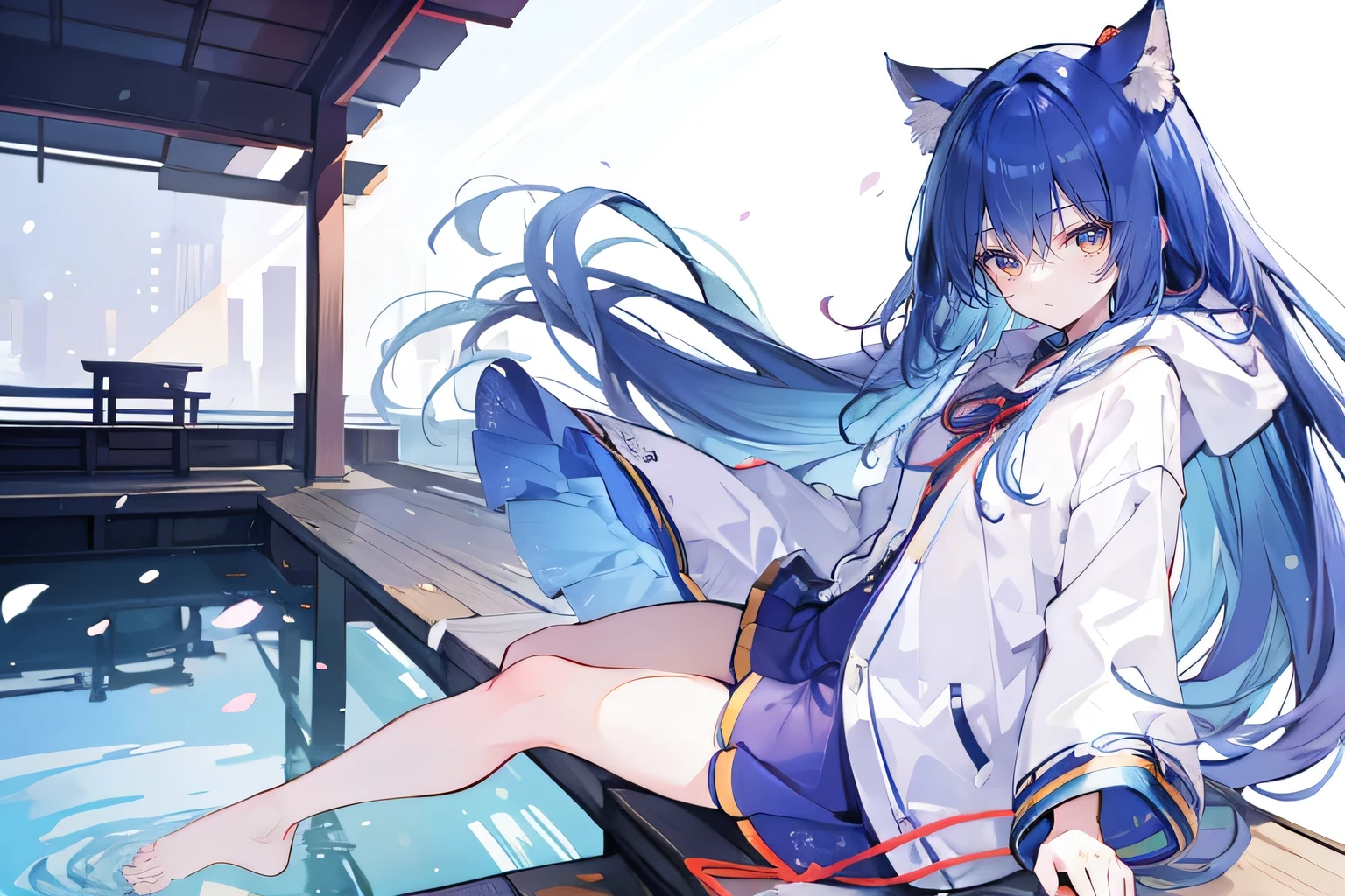 （masterpiece：1.2），Super detailed，lifelike，Expressive eyes，fair skin，perfect face shape，1 girl，
Japanese comics,Gorgeous blue hair,flowing blue hair,flowing clothes,Cat ears,Petals fall,beautiful lola,Baby Angel,
Shaking head with one hand，Cross your legs，Gentle and peaceful background，The pavilion is cool and comfortable,smile, wearing hoodie, background of tokyo,back views,snowing, winter,lie on the water.