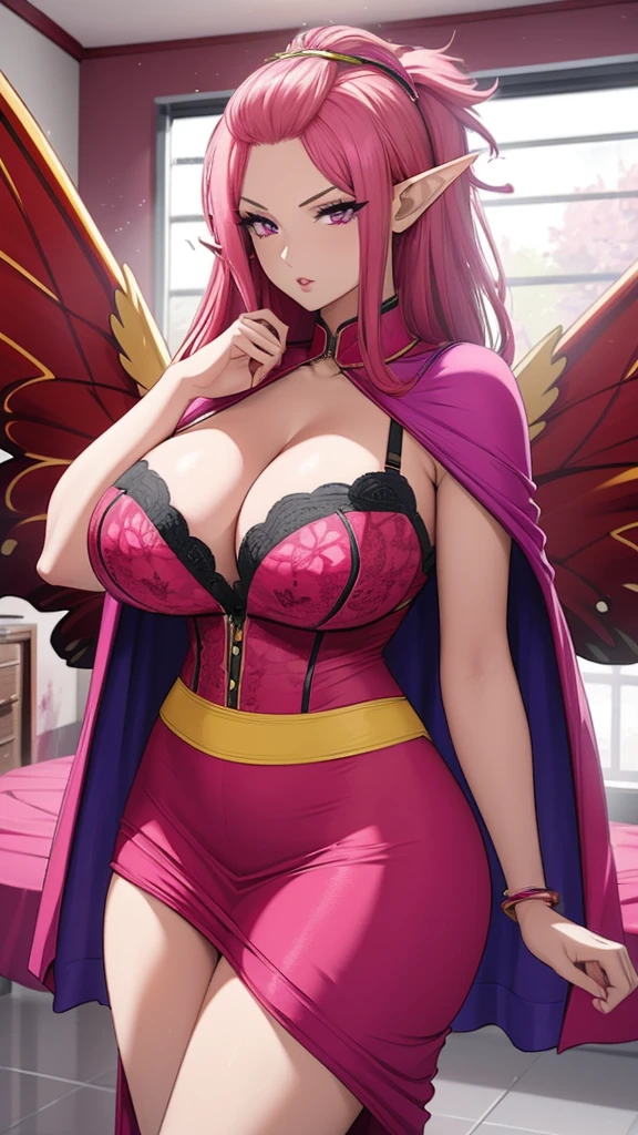 ANIME , high detailed
1 winged milf woman, 2 toned pink Bangs pinned back, big red hair, magenta eyes, serious face, plump lips, Elf ears, busty, round buson, gorgeous body,, pinkht dress cleavage, yellow Bra, large skirt, butterfly's wings, looking to the viewer