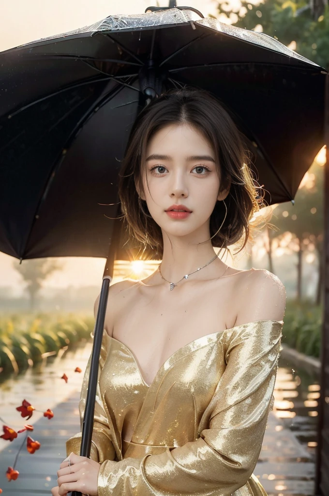 (((best quality))),(((ultra detailed))),(((masterpiece))),illustration,1 beautiful girl,solo,slim,thin,flat chest,shoulder length straight bob hair,flowing hair,fair skin,(shiny skin:1.3),sparkling eyes,cherry-red shirt-dress,delicate silver necklace,grass,dewdropletts,trees,bird chirping,(shimmering shadows:1.3),serenity,gratitude,awe,wonders of nature,peace,contentment,magnificent world,summer,(sunrise:1.5),(pitch-dark dawn:1.5),upper body,from front,(after rain:1.3),(wet:1.3),standing,(holding an umbrella)