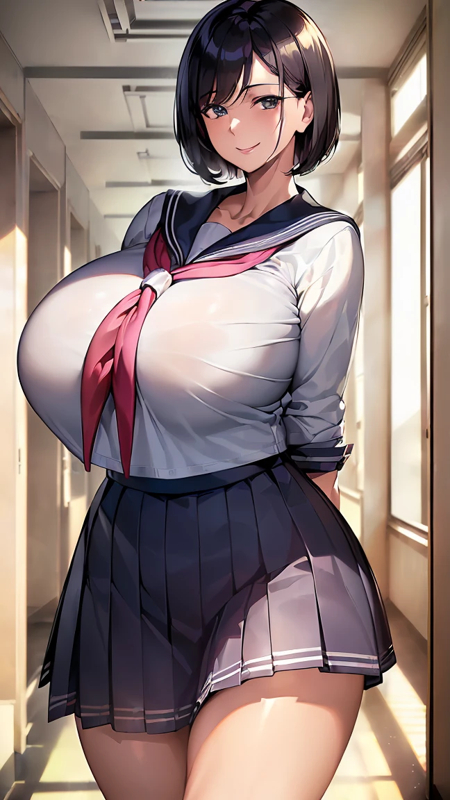 ​(morning, school building, corridor:1.4), high resolution, extremely detailed CG, unity 8k wallpaper, super detailed skin, perfect anatomy, detailed, cinematic lighting, dynamic lighting, beautiful detailed eyes, black short hair, (milf, 40yo woman:1.5),  (smile:1.2)、(looking at viewer:1.8), (gigantic breasts:1.4)、 (sailor uniform:1.5), (upskirt:1.2), (gleaming skin:1.2)、
(arms behind back, walking:1.3),