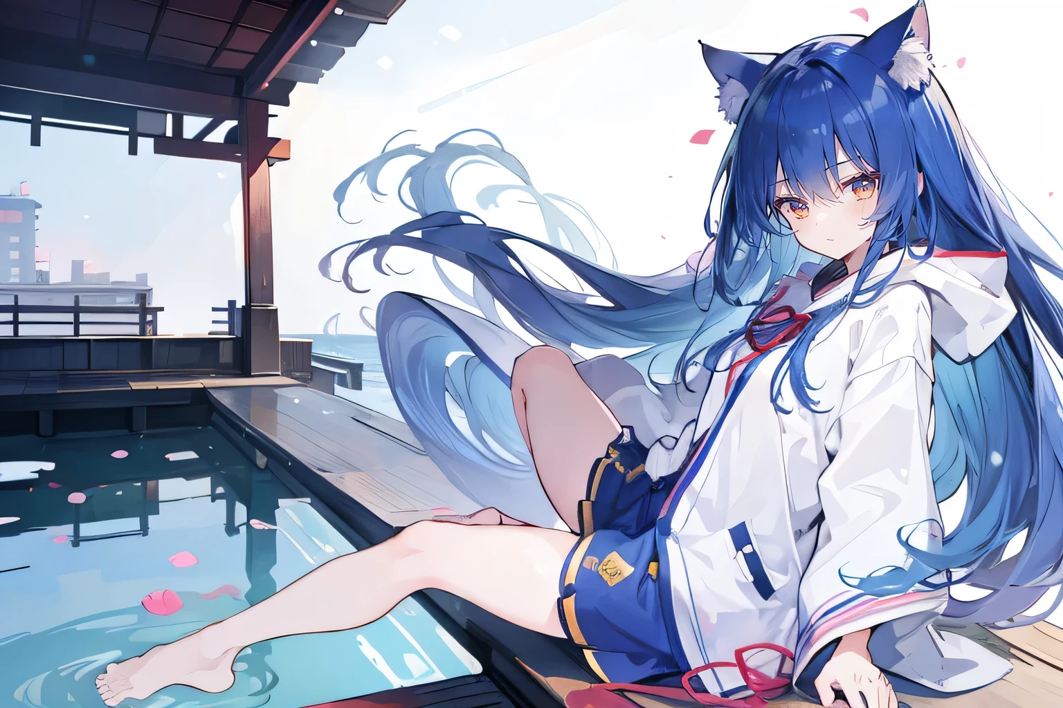 （masterpiece：1.2），Super detailed，lifelike，Expressive eyes，fair skin，perfect face shape，1 girl，
Japanese comics,Gorgeous blue hair,flowing blue hair,flowing clothes,Cat ears,Petals fall,beautiful lola,Baby Angel,
Shaking head with one hand，Cross your legs，Gentle and peaceful background，The pavilion is cool and comfortable,smile, wearing hoodie, background of tokyo,back views,snowing, winter,lie on the water.