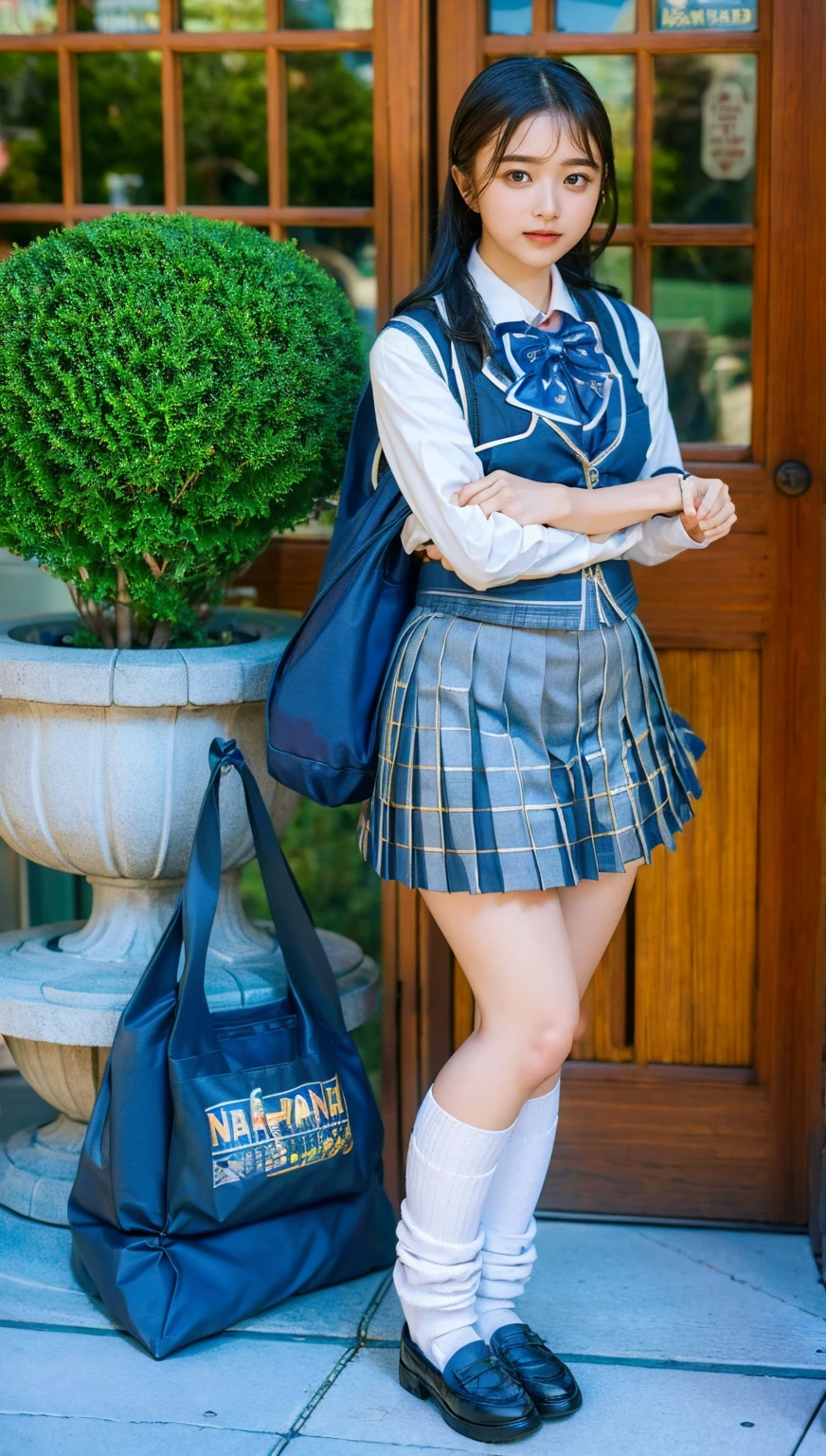 (photorealistic:1.4), ((fullbody shot)), (short stature),best quality, masterpiece, raw 32k photo, (extremely detailed japanese beautiful girl), (extremely detailed eyes:1.2),(baby face),(lolita),(14 years old), (cute face:1.2), ultra-detailed, ultra high res, amazing, BREAK,standing,
(school uniform:1.5),detailed school girl, (disneyland:1.4), beautiful detailed girl, bangs, cute face, (pleated miniskirt),(baggysocks),(thigh)