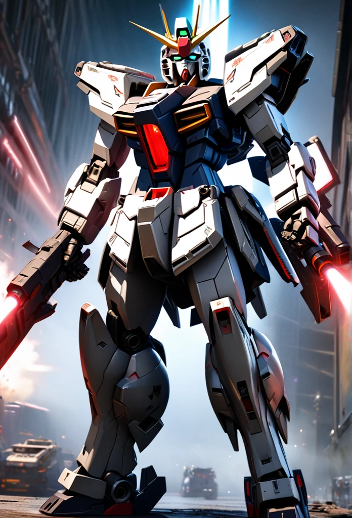 a sleek black and white infinity gundam, highly detailed and realistic, nuclear powered, advanced beam rifle, dual beam sabers, reinforced core, high-speed propulsion, powerful sensors and information processing, masterpiece, hyper-detailed, cinematic lighting, photorealistic, sharp focus, physically-based rendering, 8k, CGI, concept art
