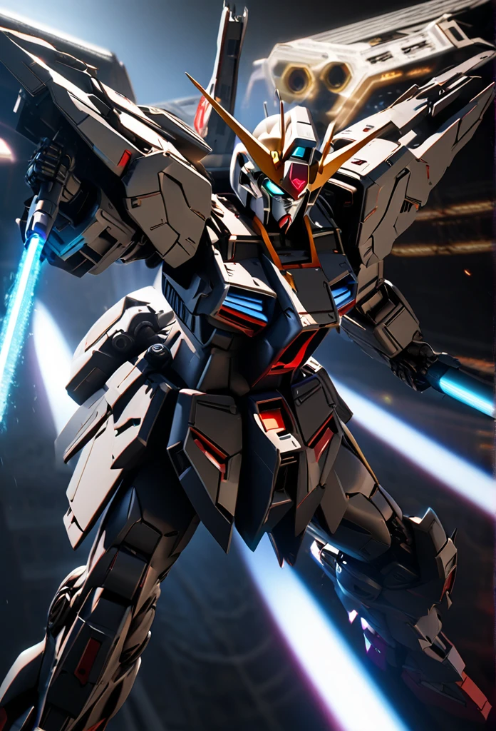 a sleek black and white infinity gundam, highly detailed and realistic, nuclear powered, advanced beam rifle, dual beam sabers, reinforced core, high-speed propulsion, powerful sensors and information processing, masterpiece, hyper-detailed, cinematic lighting, photorealistic, sharp focus, physically-based rendering, 8k, CGI, concept art