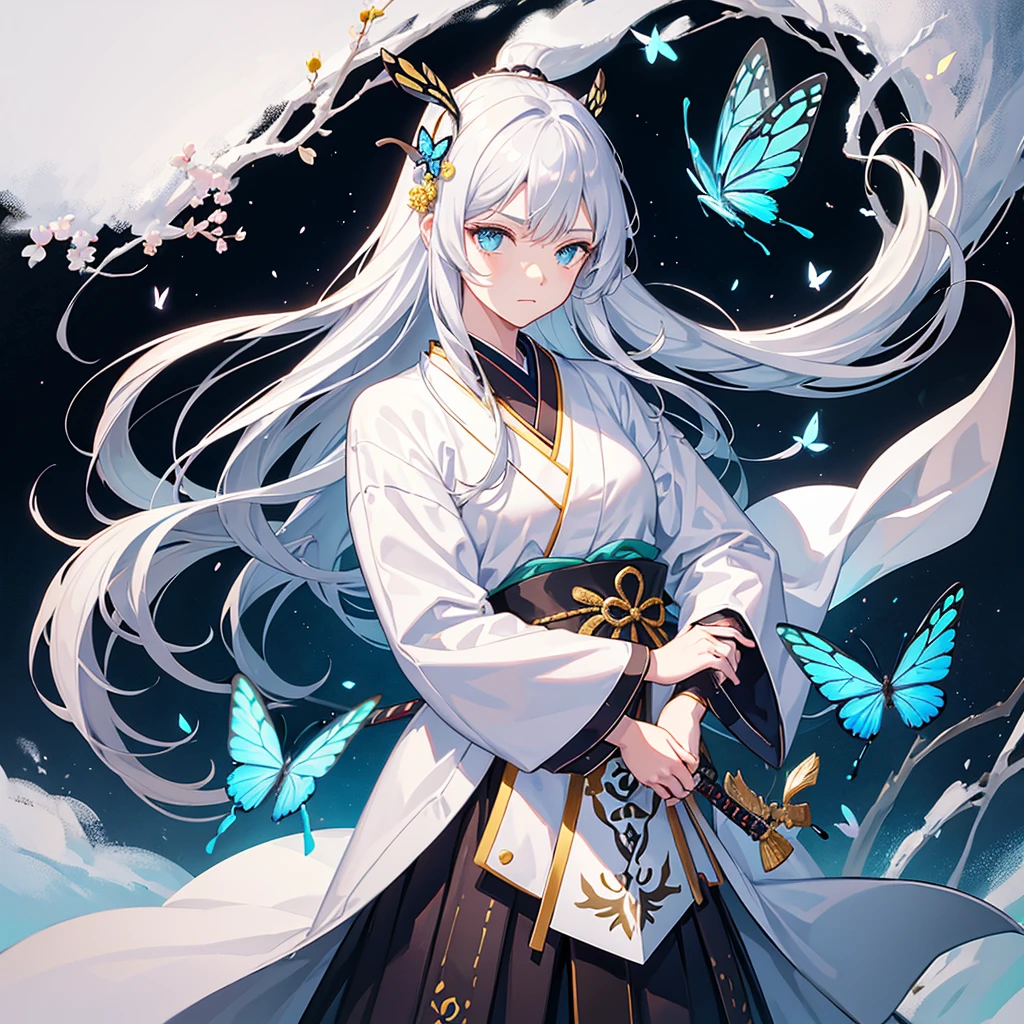 swordsman,1 girl,animal,animal print,belt,belt Buckle up,silver hair,blue Butterfly,Buckle up,loopholes,Butterfly,Butterfly hair accessories,Butterfly on hand,Butterfly print,forehead,glowing Butterfly,gradient hair,hair accessories,Haori,Keep,Keep sword,Keep arms,japanese clothes,Samurai sword,Section Chief Ren,long hair,long sleeve,petal,alone,sword,arms,white belt,white Butterfly,wide sleeves,yellow Butterfly,Keep sword with both hands,sword focus, kitsune mask