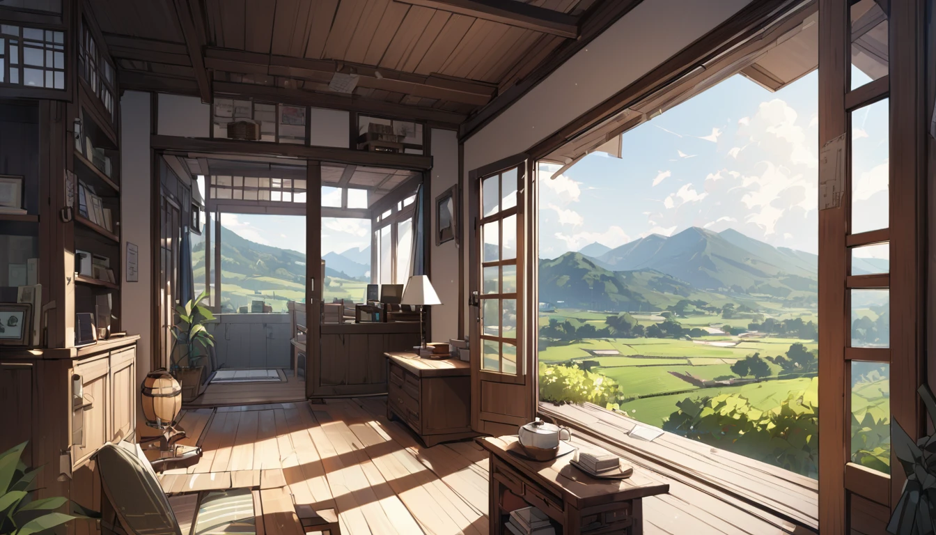 A view of the countryside from the living room of an old house。