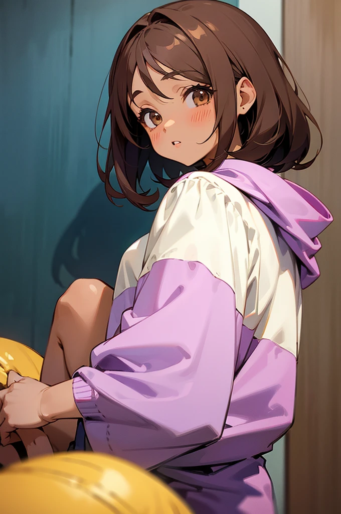 Cute anime style girl with purple details brown hair , brown skin tone 