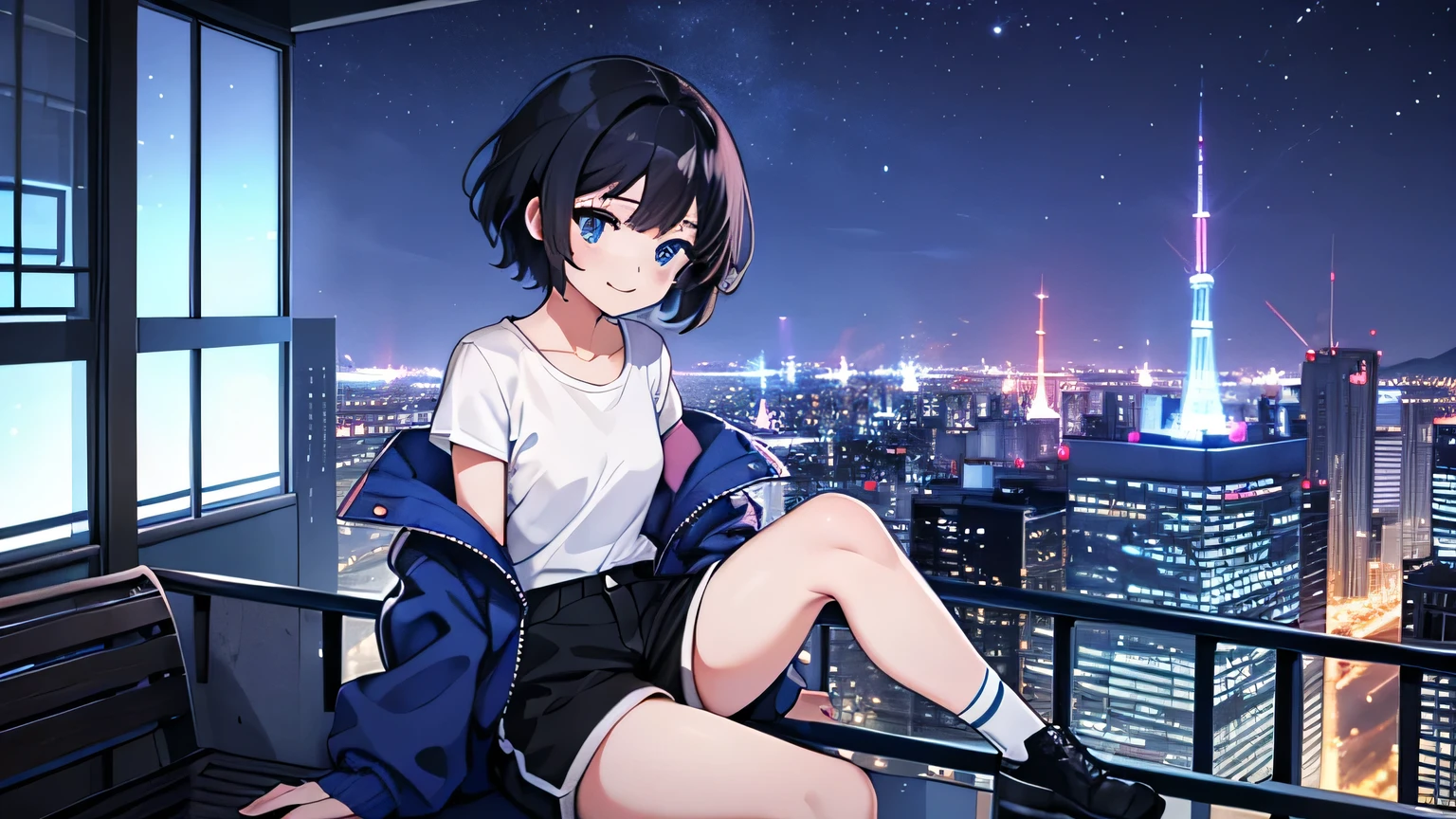 1girl, solo, blue eyes, (detailed eyes), gentle smile, flat chest, short hair, black hair, ((white t-shirt)), simple t-shirt, black shorts , black socks, full body, ((masterpiece, illustration, best quality)) Beautiful modern girl in a blue coat Behind is the cityscape in the evening. There are twinkling lights of the city amidst the blue, blue, and purple sky. Cool girls stand on high balconies or bridges. Looking out at the city with a confident and calm expression. The colors of the picture emphasize the dramatic tone.