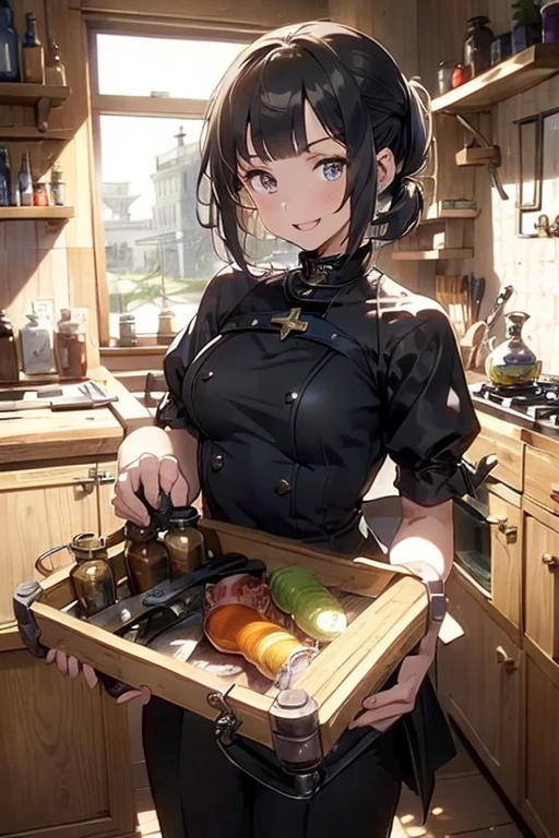 (fantasy:1.5),(anime,8k,masterpiece, top quality, best quality,beautiful and aesthetic:1.2,professional illustrasion:1.1,ultra detail:1.3,perfect lighting),extremely detailed,highest detailed,incredibly absurdres , highres, ultra detailed,intricate:1.6,(Alchemy Workshop:1.4),A girl mixing,Medicine in many small bottles,holding small potion,colorful:1.4,zentangle,(1girl),(girl),(Three kingdoms female warload),(highly detailed beautiful face and eyes,firm breasts),oily skin,((black,hair,short bob with short pony tail hair)),thin pubic hair,cute,lovely,34 years old,alchemist costume,Merchant's Clothing,smile,in the kitchen,smile,seductive weak smiling,(with sparkling eyes and a contagious smile),open mouth, Looking at Viewer,