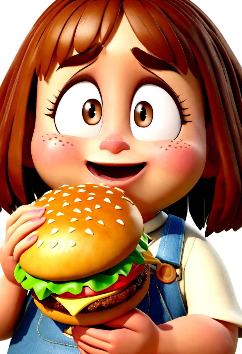 Imagine a Pixar-style animated character/Disney, rendered in 3D with high definition. She is a brunette woman with brown hair, dark skin and a little overweight. Your face has some pimples, and your facial expression conveys sadness, with eyes watering slightly. She is standing, holding a hamburger in one hand and fries in the other. The overall aesthetic is that of a cartoon character, with smooth lines and details characteristic of Pixar and Disney animations.