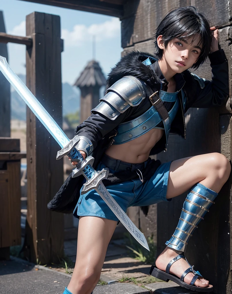 Young 13-year-old boy with black hair and brown eyes, innocent and happy, dressed in short neon-blue medieval barbarian clothes, fur shorts, light-blue battle armor, weilding silver sword and shield, sandals; fullbody; short hair, boyish athletic, sexy,