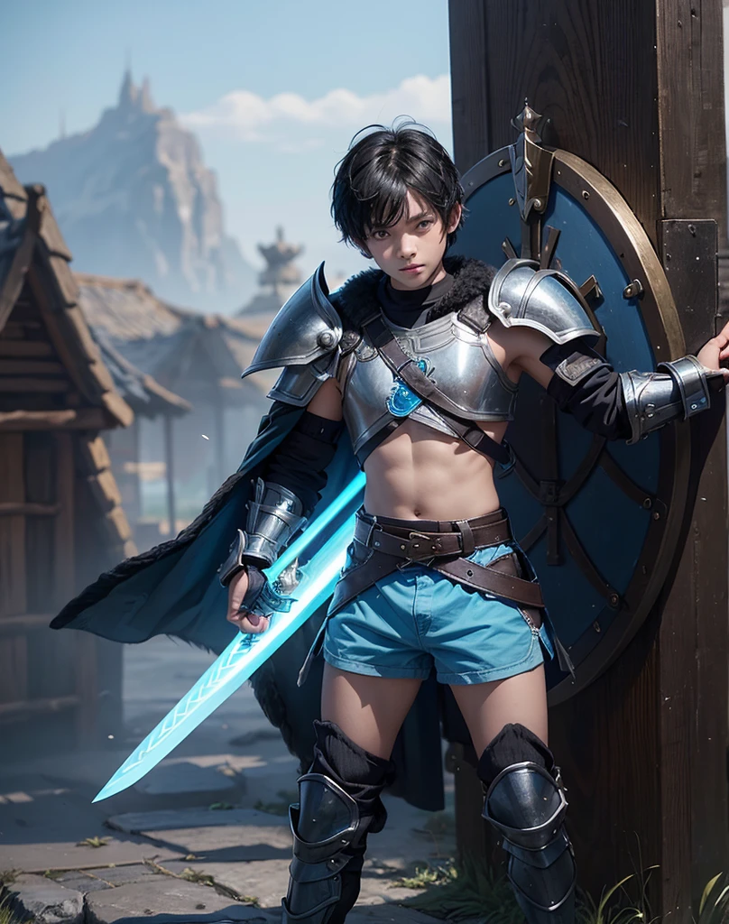 Young 13-year-old boy with black hair and brown eyes, innocent and happy, dressed in short neon-blue medieval barbarian clothes, fur shorts, light-blue battle armor, weilding silver sword and shield, sandals; fullbody; short hair, boyish athletic, sexy,