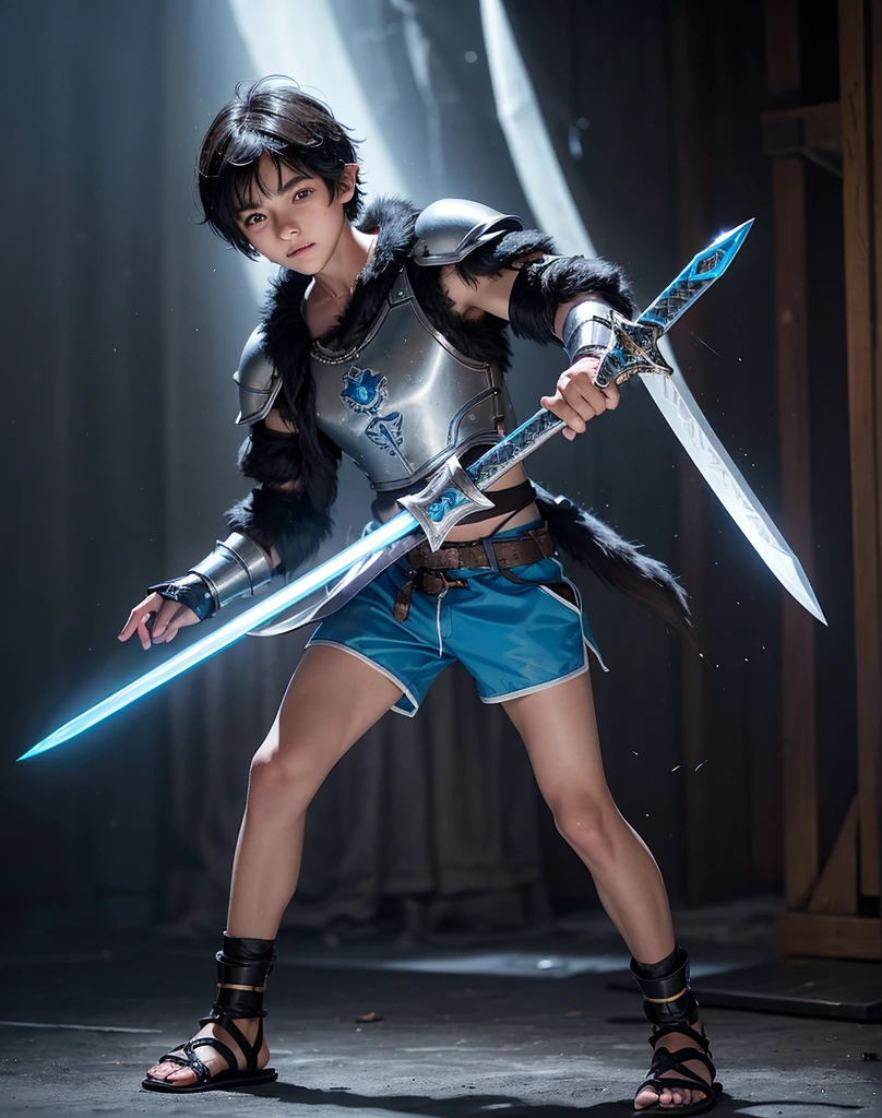 Young 13-year-old boy with black hair and brown eyes, innocent and happy, dressed in short neon-blue medieval barbarian clothes, fur shorts, light-blue battle armor, weilding silver sword and shield, sandals; fullbody; short hair, boyish athletic, sexy,