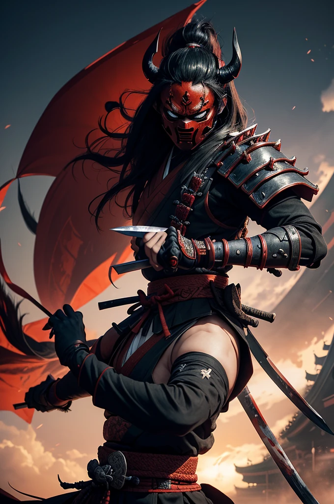 (demon samurai)、(Wearing a demon mask)、solo women、Like the whole body、(Armed with a long sharp knife)、Stand facing the front,magnificent artwork、((Kyoto Panel Painting Style))、Wind-effect:1.9、Cloud Effects:1.2、Full Rendering、Encaustic Painting,unrealengine,