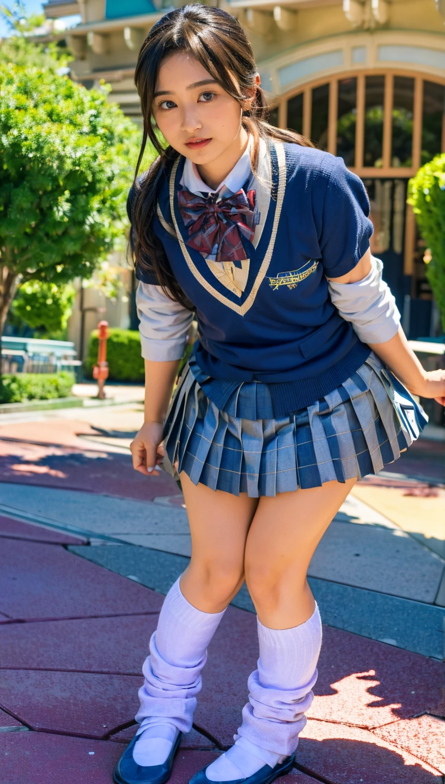 (photorealistic:1.4), ((fullbody shot)), (short stature),best quality, masterpiece, raw 32k photo, (extremely detailed japanese beautiful girl), (extremely detailed eyes:1.2),(baby face),(lolita),(14 years old), (cute face:1.2), ultra-detailed, ultra high res, amazing, BREAK,standing,
(school uniform:1.5),detailed school girl, (disneyland:1.4), beautiful detailed girl, bangs, cute face, (pleated miniskirt),(baggysocks),(thigh)