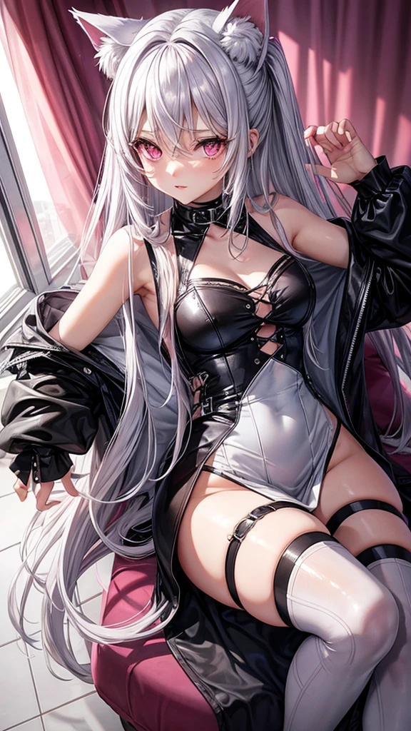pink eyes, silver hair, neko, sexy outfit
