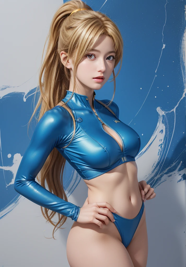 (anime,masterpiece, top quality, best quality,beautiful and aesthetic:1.2,professional illustrasion:1.1,ultra detail:1.3, official art, professional illustrasion, Ultra-detailed depiction, Ultra-precise depiction, extremely detailed 8k illustration, highres, ultra detailed painting, soft shadows), (girl), samus aran \(cosplay\), cool beauty, milf, glossy, (golden long hair), (ponytail), big breasts, perfect body, pubic hair, blue samus aran suit,