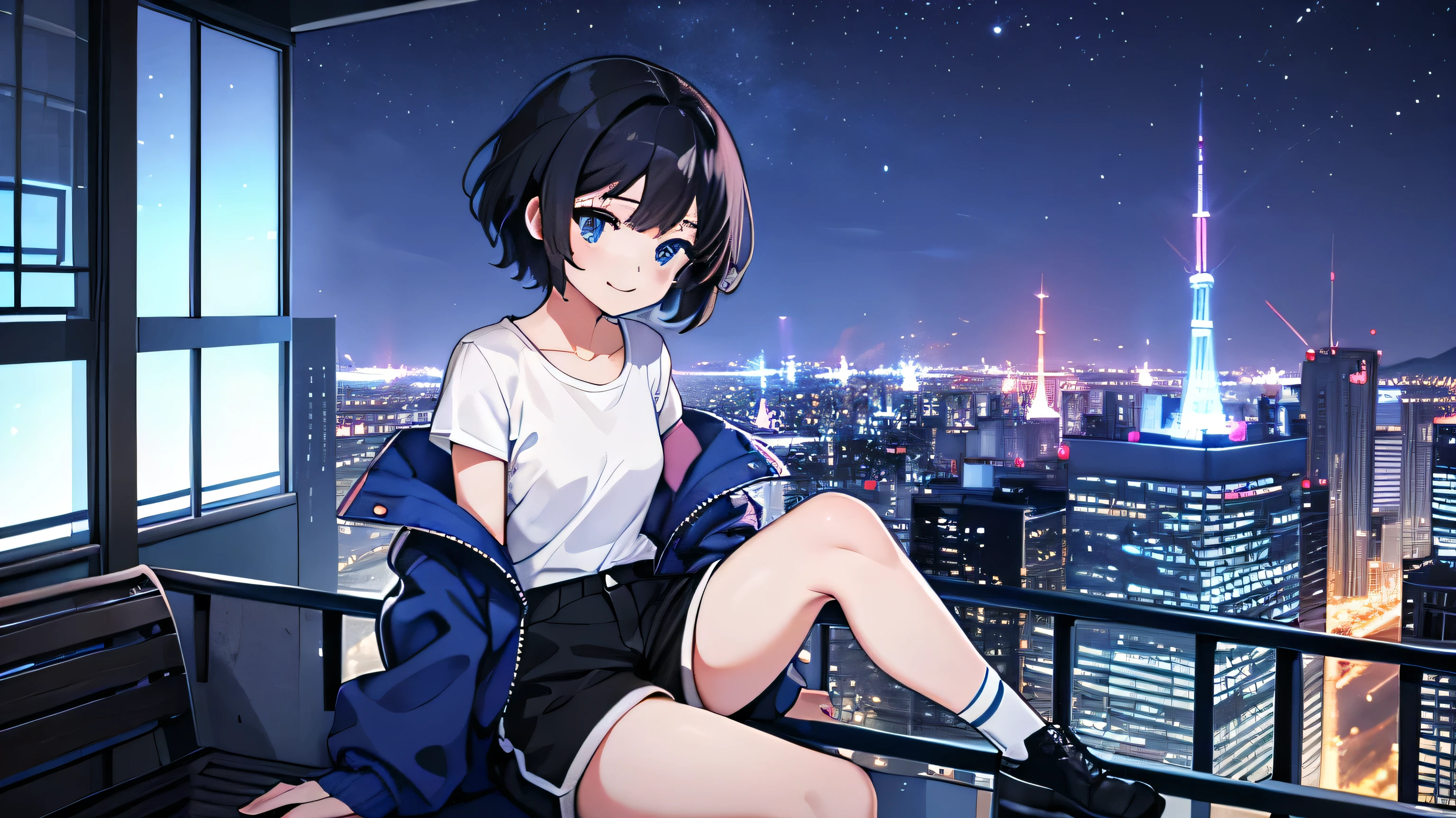 1girl, solo, blue eyes, (detailed eyes), gentle smile, flat chest, short hair, black hair, ((white t-shirt)), simple t-shirt, black shorts , black socks, full body, ((masterpiece, illustration, best quality)) Beautiful modern girl in a blue coat Behind is the cityscape in the evening. There are twinkling lights of the city amidst the blue, blue, and purple sky. Cool girls stand on high balconies or bridges. Looking out at the city with a confident and calm expression. The colors of the picture emphasize the dramatic tone.