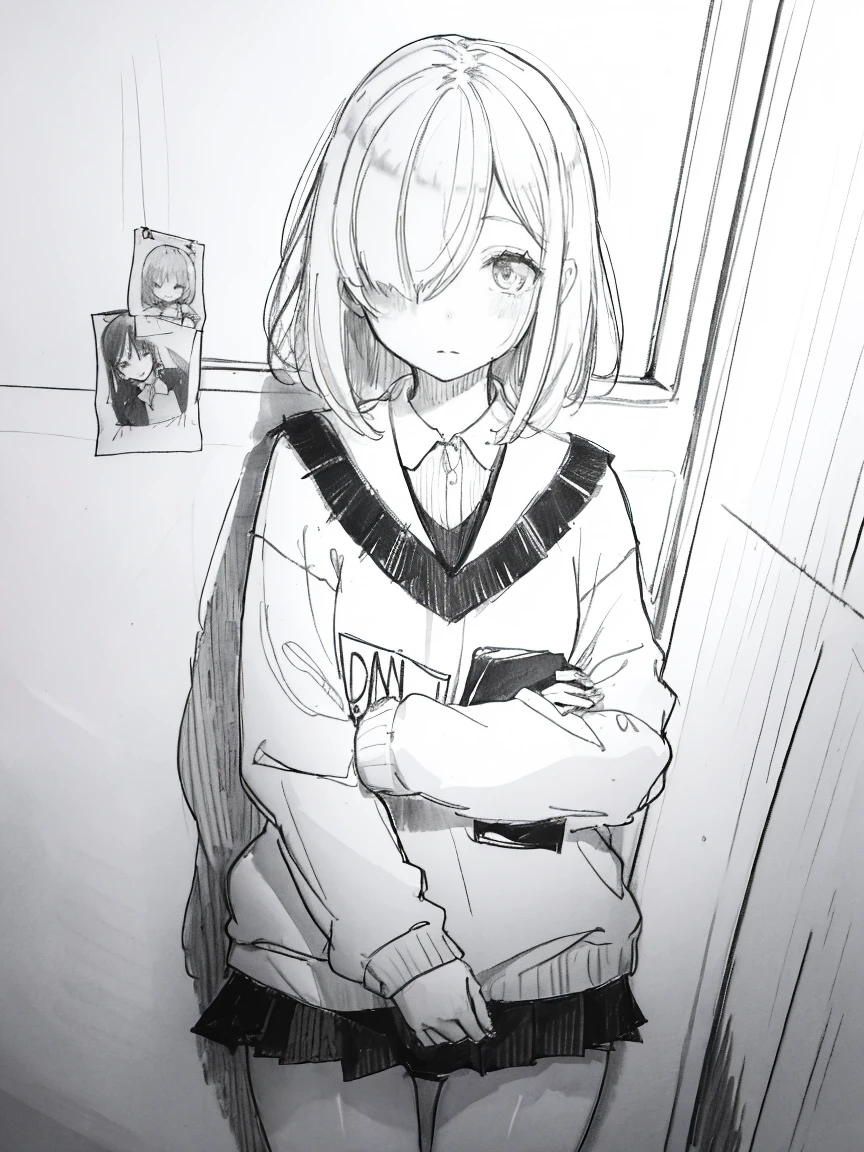 One Girl,Line art,Monochrome,sketch,Pencil drawing,Traditional Media,One Girl, Upper body,She's in trouble,pattern,sweater,Primary school students ,Delicate body、mini skirt、black tights、Open leg pose、, Long sleeve, With legs apart, alone、(Cute Teenage Girl, alone),Beautiful portrait、Respect、Crying face、Seeking help、Black-haired、