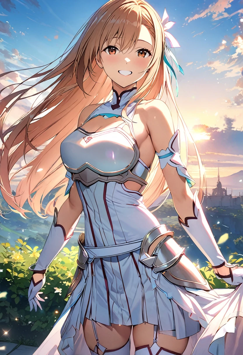 ((masterpiece)), Highest quality, Very detailed,(One Girl),Yuki Asuna、Asuna (stay), brown eyes, bare shoulders, breastplate, armor, detached sleeves, gloves, white gloves, thigh high boots, (red and white dress), Long Hair, A radiant smile, Beautiful background ,Clothing,  