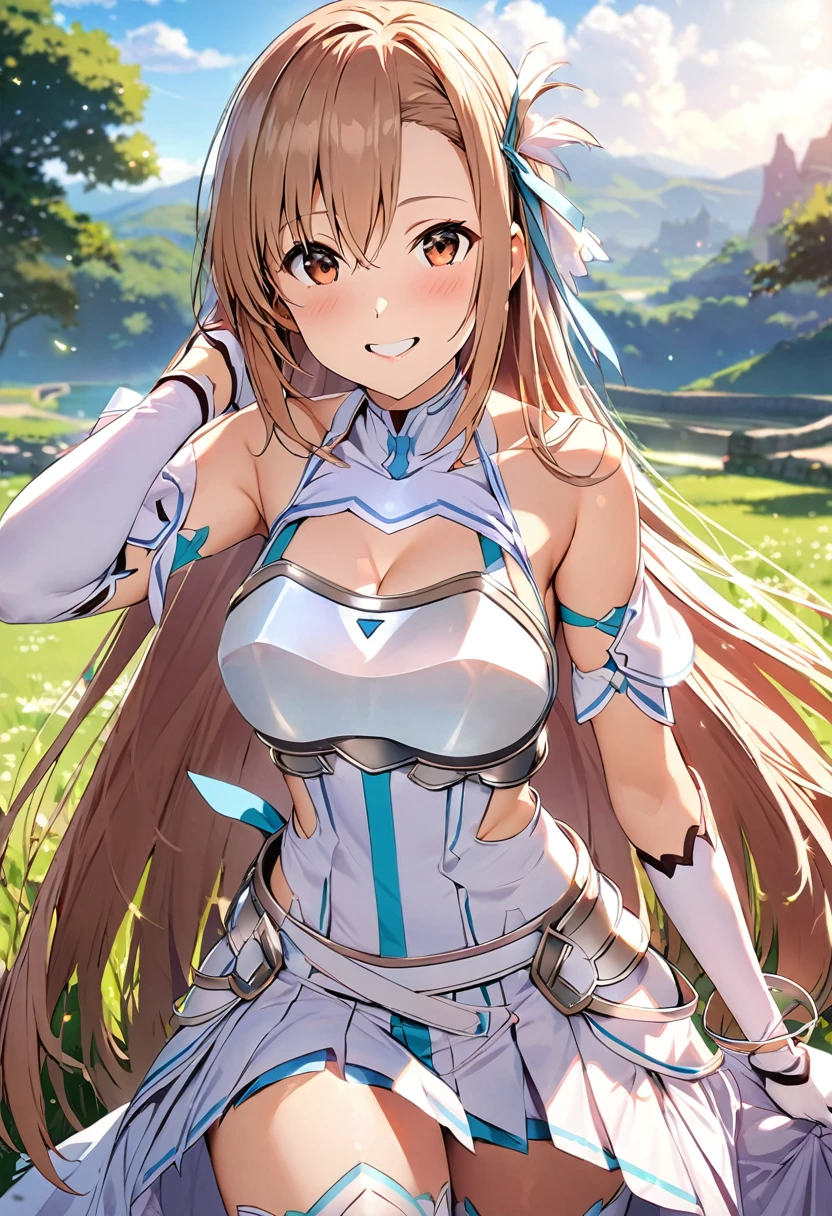 ((masterpiece)), Highest quality, Very detailed,(One Girl),Yuki Asuna、Asuna (stay), brown eyes, ???? shoulders, breastplate, armor, detached sleeves, gloves, white gloves, thigh high boots, (red and white dress), Long Hair, A radiant smile, Beautiful background ,Clothing,  