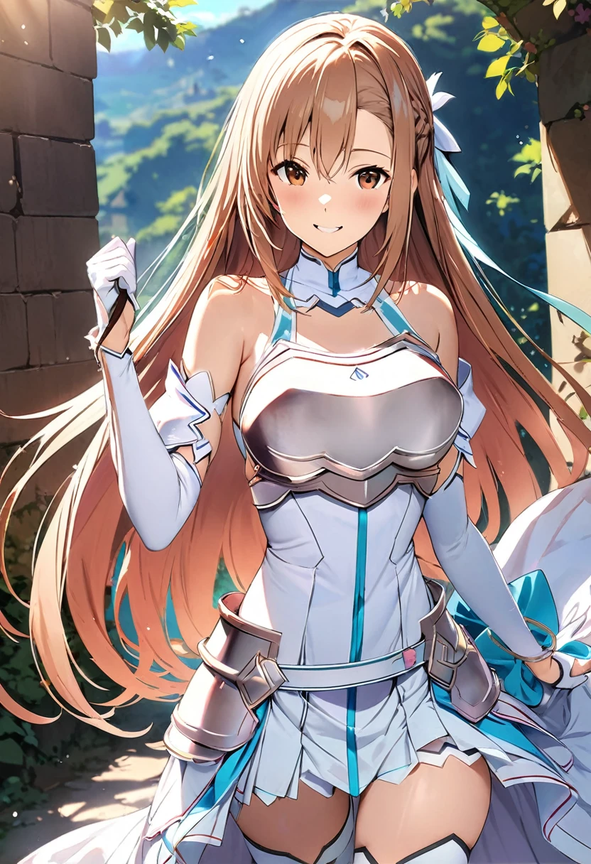 ((masterpiece)), Highest quality, Very detailed,(One Girl),Yuki Asuna、Asuna (stay), brown eyes, bare shoulders, breastplate, armor, detached sleeves, gloves, white gloves, thigh high boots, (red and white dress), Long Hair, A radiant smile, Beautiful background ,Clothing,  