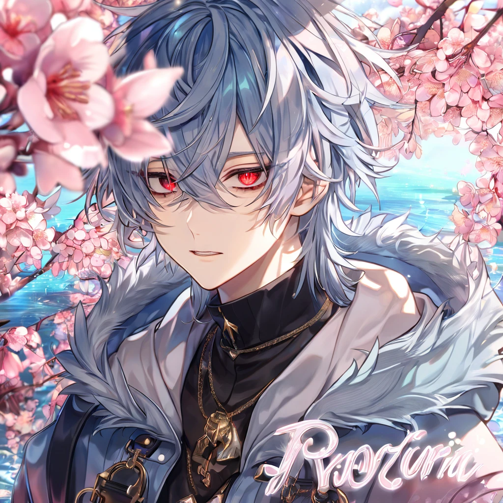 Ultra detailed, highres, absurdres, HDR, master piece, Kuro, messy hair, light blue hair, expressive red eyes, black bags under the eyes, Servamp, fantasy, pink petals, water, pink flowers, handsome, sexy man, solo, best quality, blossoms, blue shining fireflies, black shirt, a hooded light blue jacket with fur, the word "KROZSERIA" is written on the picture