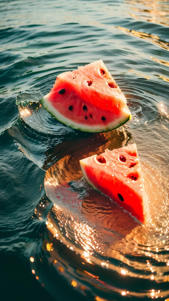 Summer Dream,Dreamy red heart watermelon,Dreamy lighting,The scattered water drops float in the air and sparkle in the sun,HD,Details,Best quality