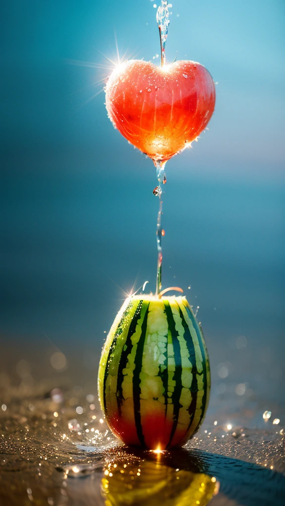 Summer Dream，Dreamy red heart watermelon，Dreamy lighting，The scattered water drops float in the air and sparkle in the sun，HD，Details，Best quality