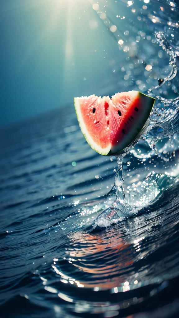 Summer Dream，Dreamy red heart watermelon，Dreamy lighting，The scattered water drops float in the air and sparkle in the sun，HD，Details，Best quality