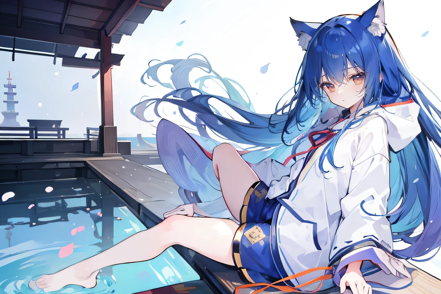 （masterpiece：1.2），Super detailed，lifelike，Expressive eyes，fair skin，perfect face shape，1 girl，
Japanese comics,Gorgeous blue hair,flowing blue hair,flowing clothes,Cat ears,Petals fall,beautiful lola,Baby Angel,
Shaking head with one hand，Cross your legs，Gentle and peaceful background，The pavilion is cool and comfortable,smile, wearing hoodie, background of tokyo,back views,snowing, winter,lie on the water.
