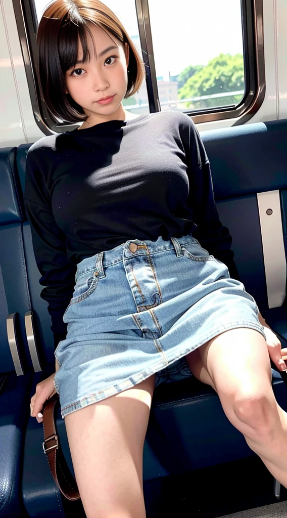 「(masutepiece, High quality, Ultra High Quality, 4K)、OL:1.3、Emphasis on the thighs、a miniskirt:1.2、Night driving:1.5、angry:1.3、Twisting the skirt:1.3、((Open your crotch wide:1.5))、Face-to-face angle,(Angle from below),Sitting in a train seat,Sitting at the front,Zoom camera in the crotch:1.3,Feet are on the floor of the train,full body Esbian,Best Quality,(Photorealistic:1.4),, High resolution,