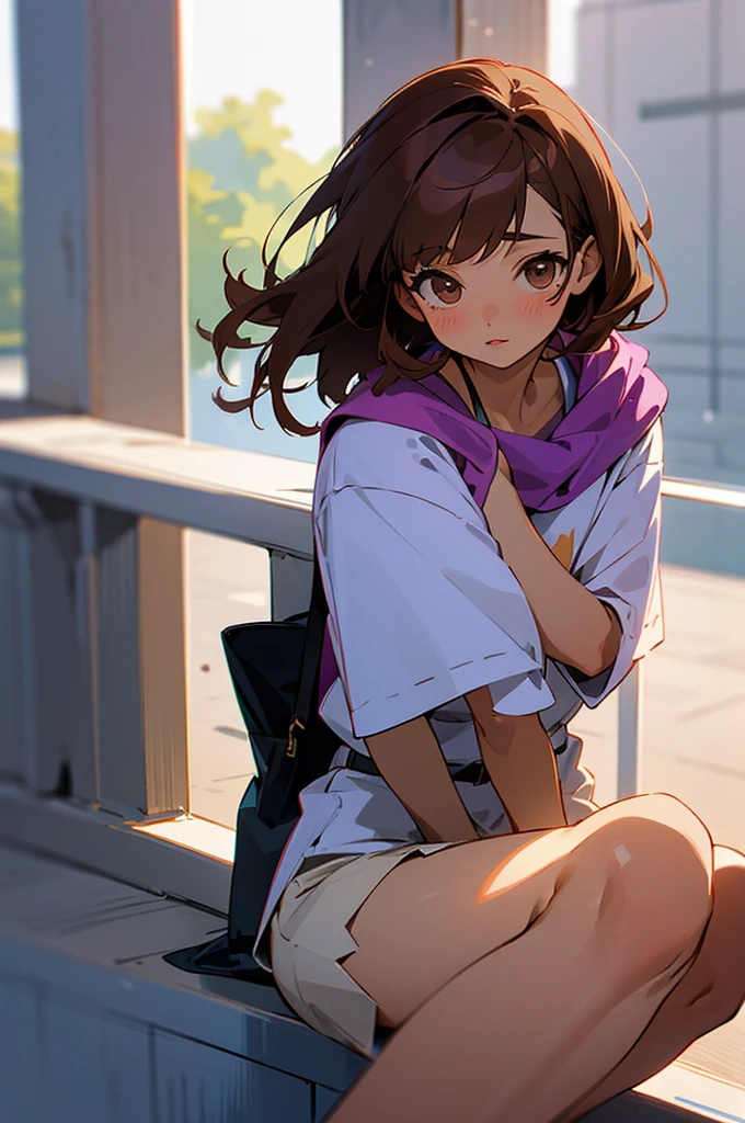 Cute anime style girl with purple details brown hair , brown skin tone