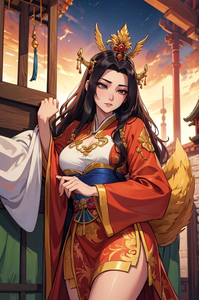 Queen Su Daji of the Shang Dynasty,Wearing a phoenix robe,Flirty,wandering,Half-length photo