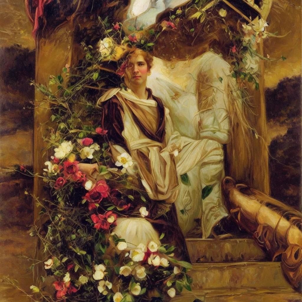 oil on canvas, a beautiful young pirate woman with resemblance to Mckenna Grace sitting with a parrot, on stone steps of an old lighthouse, smiling and looking at the camera, landscape of an epic afternoon , flowers adorn his head, natural lighting, style of william-adolphe bouguereau