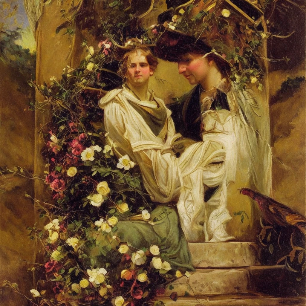 oil on canvas, a beautiful young pirate woman with resemblance to Mckenna Grace sitting with a parrot, on stone steps of an old lighthouse, smiling and looking at the camera, landscape of an epic afternoon , flowers adorn his head, natural lighting, style of william-adolphe bouguereau