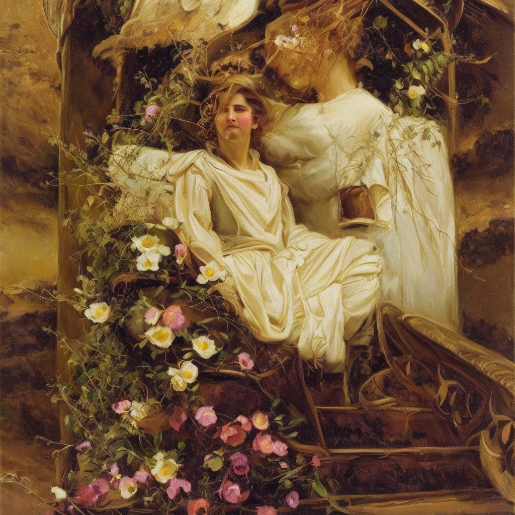oil on canvas, a beautiful young pirate woman with resemblance to Mckenna Grace sitting with a parrot, on stone steps of an old lighthouse, smiling and looking at the camera, landscape of an epic afternoon , flowers adorn his head, natural lighting, style of william-adolphe bouguereau